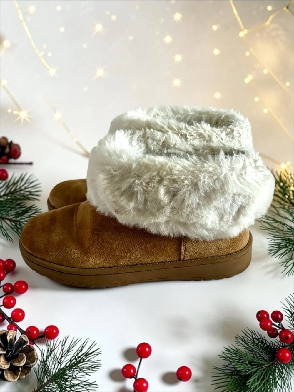 Thereabouts Kaylee Faux‑Fur Slippers | Tan Suede House Shoes | Big Girls Size 4M